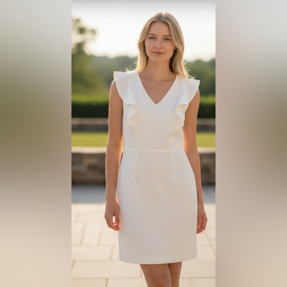 French Connection White Ruffle Sleeve Dress Size 10 Elegant Cocktail Mini